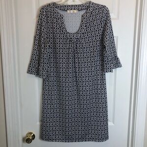 Aryeh Black and White Sheath Dress with Bell Sleeves